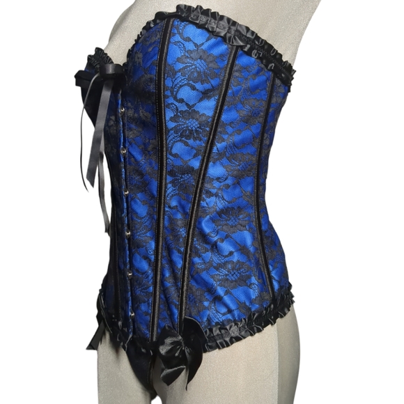 * NEW-* Blue and Black Satin and Lace Corset Set Size XL - Picture 6 of 16